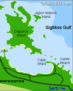 Landkarte von Vourvourou, Sithonia, Chalkidiki, Griechenland