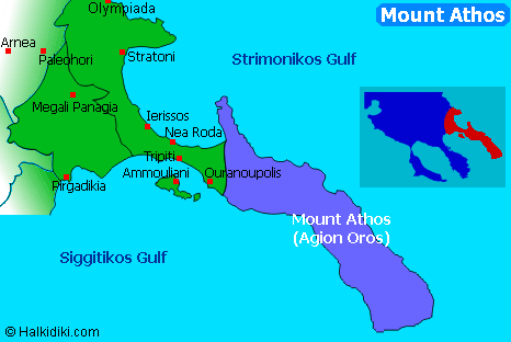 Map of Mount Athos (Agion Oros), Halkidiki, Greece